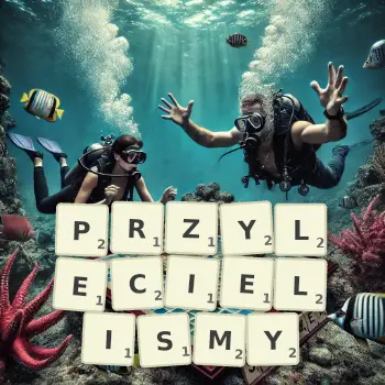 Kreatywna ilustracja do gry w Scrabble ze słowem PRZYLECIELISMY ułożonym z płytek na planszy.