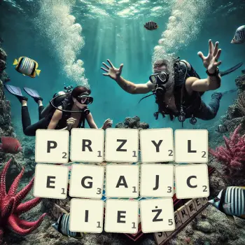 Kreatywna ilustracja do gry w Scrabble ze słowem PRZYLEGAJCIEŻ ułożonym z płytek na planszy.