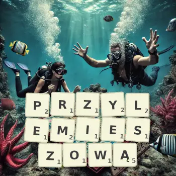 Kreatywna ilustracja do gry w Scrabble ze słowem PRZYLEMIESZOWĄ ułożonym z płytek na planszy.