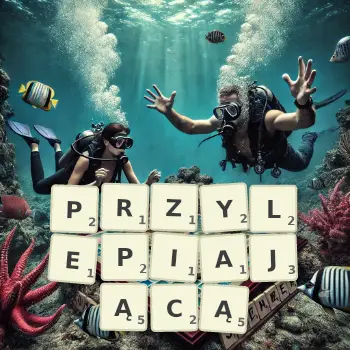 Kreatywna ilustracja do gry w Scrabble ze słowem PRZYLEPIAJĄCĄ ułożonym z płytek na planszy.