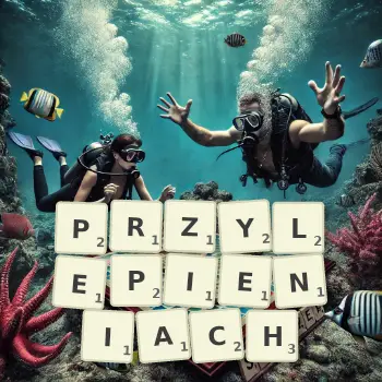 Kreatywna ilustracja do gry w Scrabble ze słowem PRZYLEPIENIACH ułożonym z płytek na planszy.