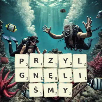 Kreatywna ilustracja do gry w Scrabble ze słowem PRZYLGNĘLIŚMY ułożonym z płytek na planszy.