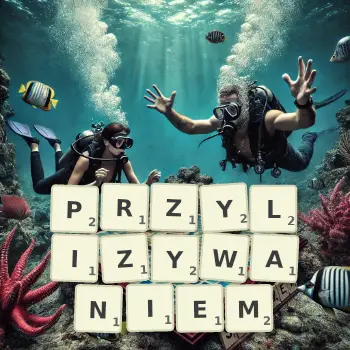 Kreatywna ilustracja do gry w Scrabble ze słowem PRZYLIZYWANIEM ułożonym z płytek na planszy.