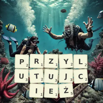 Kreatywna ilustracja do gry w Scrabble ze słowem PRZYLUTUJCIEŻ ułożonym z płytek na planszy.