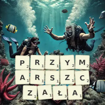 Kreatywna ilustracja do gry w Scrabble ze słowem PRZYMARSZCZAŁA ułożonym z płytek na planszy.