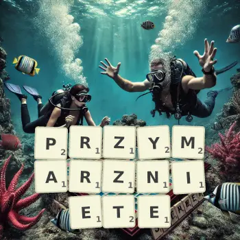 Kreatywna ilustracja do gry w Scrabble ze słowem PRZYMARZNIETE ułożonym z płytek na planszy.