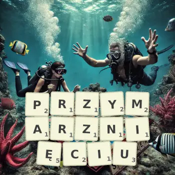 Kreatywna ilustracja do gry w Scrabble ze słowem PRZYMARZNIĘCIU ułożonym z płytek na planszy.