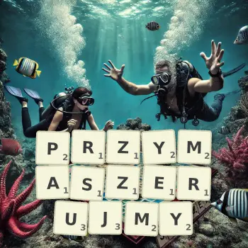 Kreatywna ilustracja do gry w Scrabble ze słowem PRZYMASZERUJMY ułożonym z płytek na planszy.
