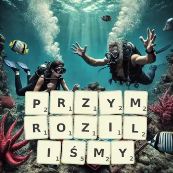 Kreatywna ilustracja do gry w Scrabble ze słowem PRZYMROZILIŚMY ułożonym z płytek na planszy.