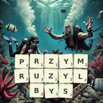 Kreatywna ilustracja do gry w Scrabble ze słowem PRZYMRUZYLBYS ułożonym z płytek na planszy.