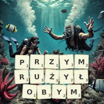 Kreatywna ilustracja do gry w Scrabble ze słowem PRZYMRUŻYŁOBYM ułożonym z płytek na planszy.