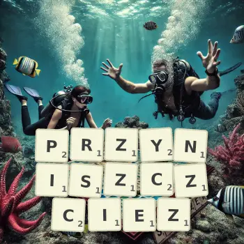 Kreatywna ilustracja do gry w Scrabble ze słowem PRZYNISZCZCIEZ ułożonym z płytek na planszy.