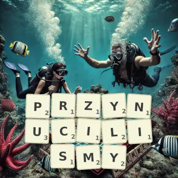 Kreatywna ilustracja do gry w Scrabble ze słowem PRZYNUCILISMY ułożonym z płytek na planszy.