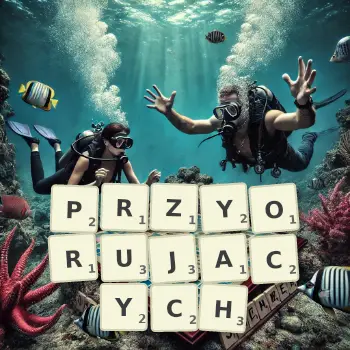 Kreatywna ilustracja do gry w Scrabble ze słowem PRZYORUJACYCH ułożonym z płytek na planszy.