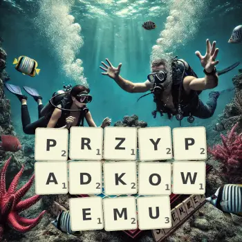 Kreatywna ilustracja do gry w Scrabble ze słowem PRZYPADKOWEMU ułożonym z płytek na planszy.