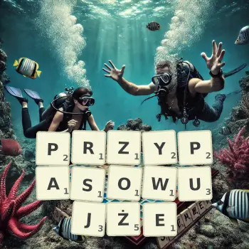 Kreatywna ilustracja do gry w Scrabble ze słowem PRZYPASOWUJŻE ułożonym z płytek na planszy.