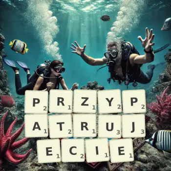 Kreatywna ilustracja do gry w Scrabble ze słowem PRZYPATRUJECIE ułożonym z płytek na planszy.