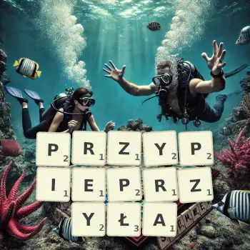 Kreatywna ilustracja do gry w Scrabble ze słowem PRZYPIEPRZYŁA ułożonym z płytek na planszy.