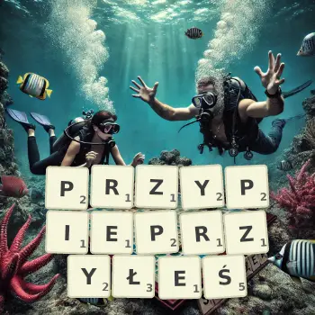Kreatywna ilustracja do gry w Scrabble ze słowem PRZYPIEPRZYŁEŚ ułożonym z płytek na planszy.