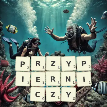 Kreatywna ilustracja do gry w Scrabble ze słowem PRZYPIERNICZY ułożonym z płytek na planszy.