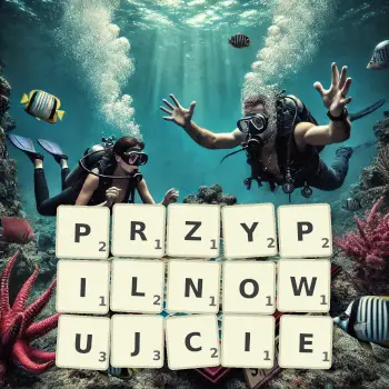 Kreatywna ilustracja do gry w Scrabble ze słowem PRZYPILNOWUJCIE ułożonym z płytek na planszy.