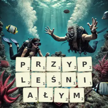 Kreatywna ilustracja do gry w Scrabble ze słowem PRZYPLEŚNIAŁYM ułożonym z płytek na planszy.