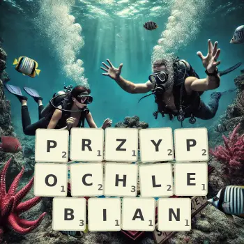 Kreatywna ilustracja do gry w Scrabble ze słowem PRZYPOCHLEBIAN ułożonym z płytek na planszy.