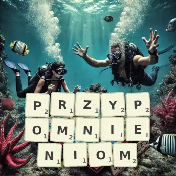 Kreatywna ilustracja do gry w Scrabble ze słowem PRZYPOMNIENIOM ułożonym z płytek na planszy.