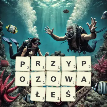 Kreatywna ilustracja do gry w Scrabble ze słowem PRZYPOZOWAŁEŚ ułożonym z płytek na planszy.