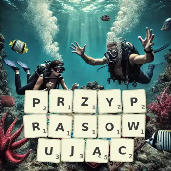 Kreatywna ilustracja do gry w Scrabble ze słowem PRZYPRASOWUJĄC ułożonym z płytek na planszy.