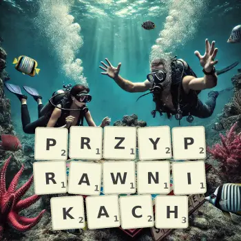 Kreatywna ilustracja do gry w Scrabble ze słowem PRZYPRAWNIKACH ułożonym z płytek na planszy.