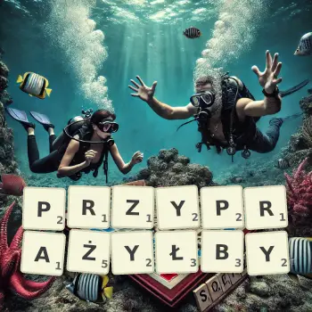 Kreatywna ilustracja do gry w Scrabble ze słowem PRZYPRAŻYŁBY ułożonym z płytek na planszy.