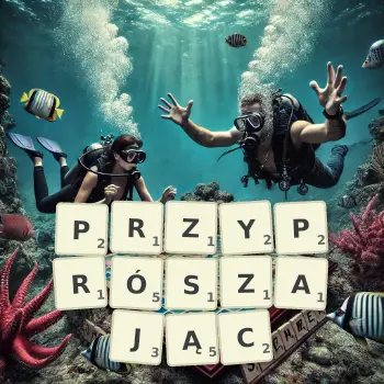 Kreatywna ilustracja do gry w Scrabble ze słowem PRZYPRÓSZAJĄC ułożonym z płytek na planszy.