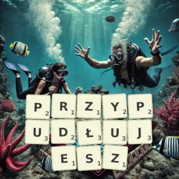 Kreatywna ilustracja do gry w Scrabble ze słowem PRZYPUDŁUJESZ ułożonym z płytek na planszy.