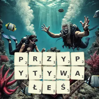 Kreatywna ilustracja do gry w Scrabble ze słowem PRZYPYTYWAŁEŚ ułożonym z płytek na planszy.