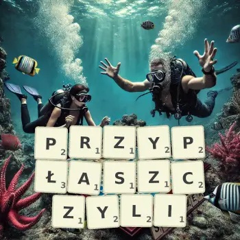 Kreatywna ilustracja do gry w Scrabble ze słowem PRZYPŁASZCZYLI ułożonym z płytek na planszy.