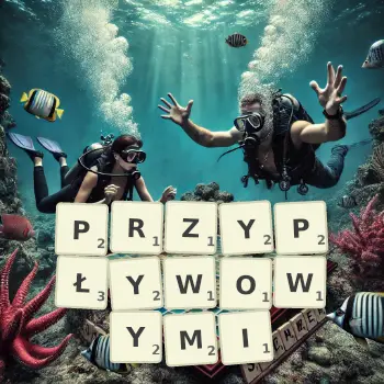 Kreatywna ilustracja do gry w Scrabble ze słowem PRZYPŁYWOWYMI ułożonym z płytek na planszy.