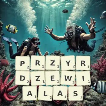 Kreatywna ilustracja do gry w Scrabble ze słowem PRZYRDZEWIALAS ułożonym z płytek na planszy.
