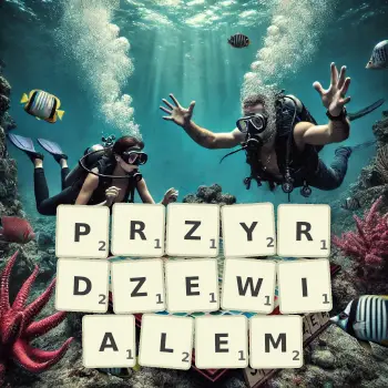 Kreatywna ilustracja do gry w Scrabble ze słowem PRZYRDZEWIALEM ułożonym z płytek na planszy.