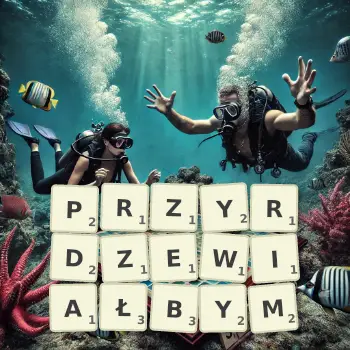 Kreatywna ilustracja do gry w Scrabble ze słowem PRZYRDZEWIAŁBYM ułożonym z płytek na planszy.