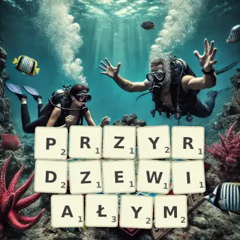 Kreatywna ilustracja do gry w Scrabble ze słowem PRZYRDZEWIAŁYM ułożonym z płytek na planszy.