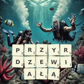 Kreatywna ilustracja do gry w Scrabble ze słowem PRZYRDZEWIAŁĄ ułożonym z płytek na planszy.