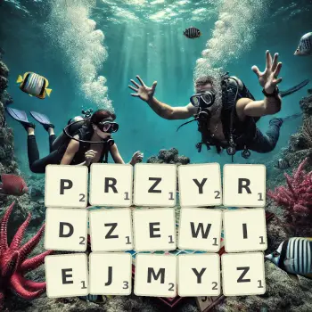 Kreatywna ilustracja do gry w Scrabble ze słowem PRZYRDZEWIEJMYZ ułożonym z płytek na planszy.