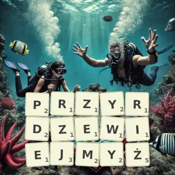 Kreatywna ilustracja do gry w Scrabble ze słowem PRZYRDZEWIEJMYŻ ułożonym z płytek na planszy.
