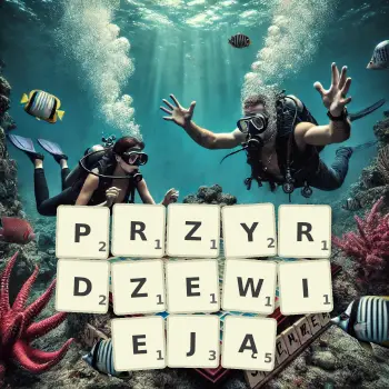 Kreatywna ilustracja do gry w Scrabble ze słowem PRZYRDZEWIEJĄ ułożonym z płytek na planszy.