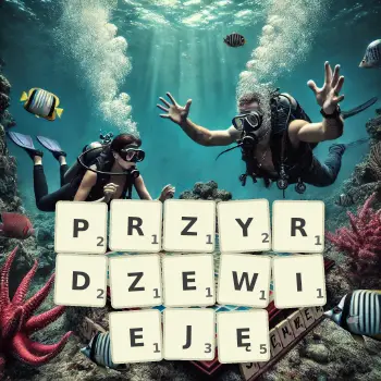 Kreatywna ilustracja do gry w Scrabble ze słowem PRZYRDZEWIEJĘ ułożonym z płytek na planszy.