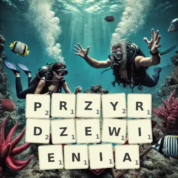 Kreatywna ilustracja do gry w Scrabble ze słowem PRZYRDZEWIENIA ułożonym z płytek na planszy.