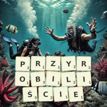 Kreatywna ilustracja do gry w Scrabble ze słowem PRZYROBILIŚCIE ułożonym z płytek na planszy.