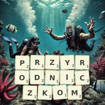 Kreatywna ilustracja do gry w Scrabble ze słowem PRZYRODNICZKOM ułożonym z płytek na planszy.