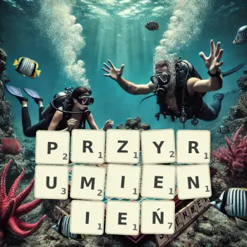 Kreatywna ilustracja do gry w Scrabble ze słowem PRZYRUMIENIEŃ ułożonym z płytek na planszy.
